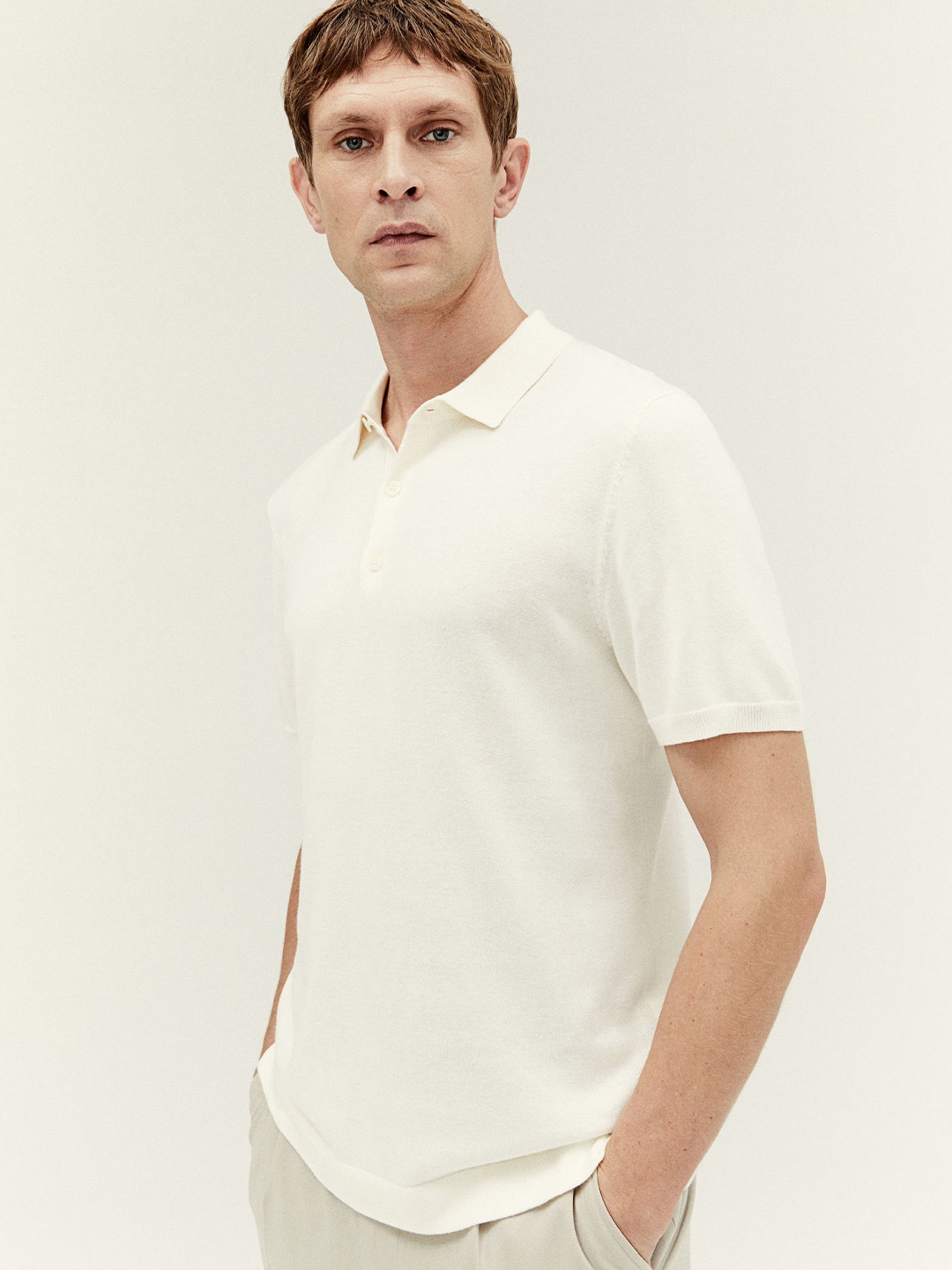 

H&M Slim Fit Fine-Knit Polo Shirt, White
