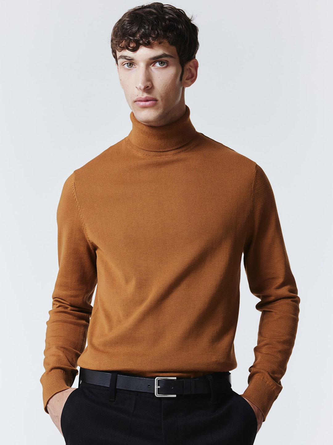 

H&M Slim Fit Fine-Knit Polo-Neck Cotton Jumper, Brown