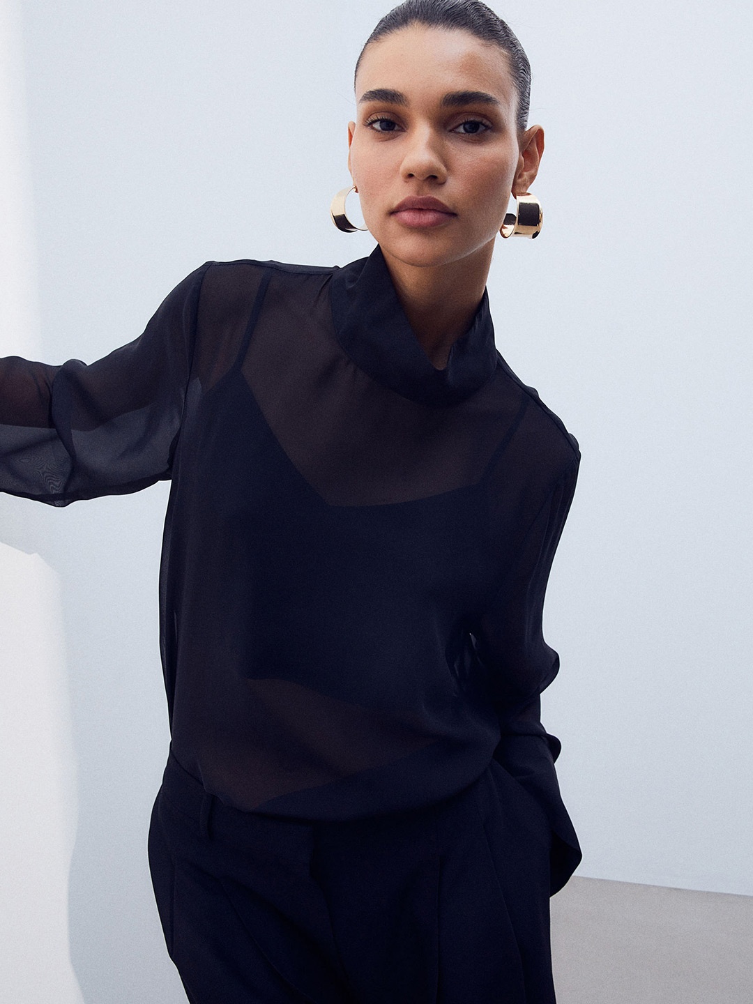 

H&M Sheer Stand-Up Collar Blouse, Black