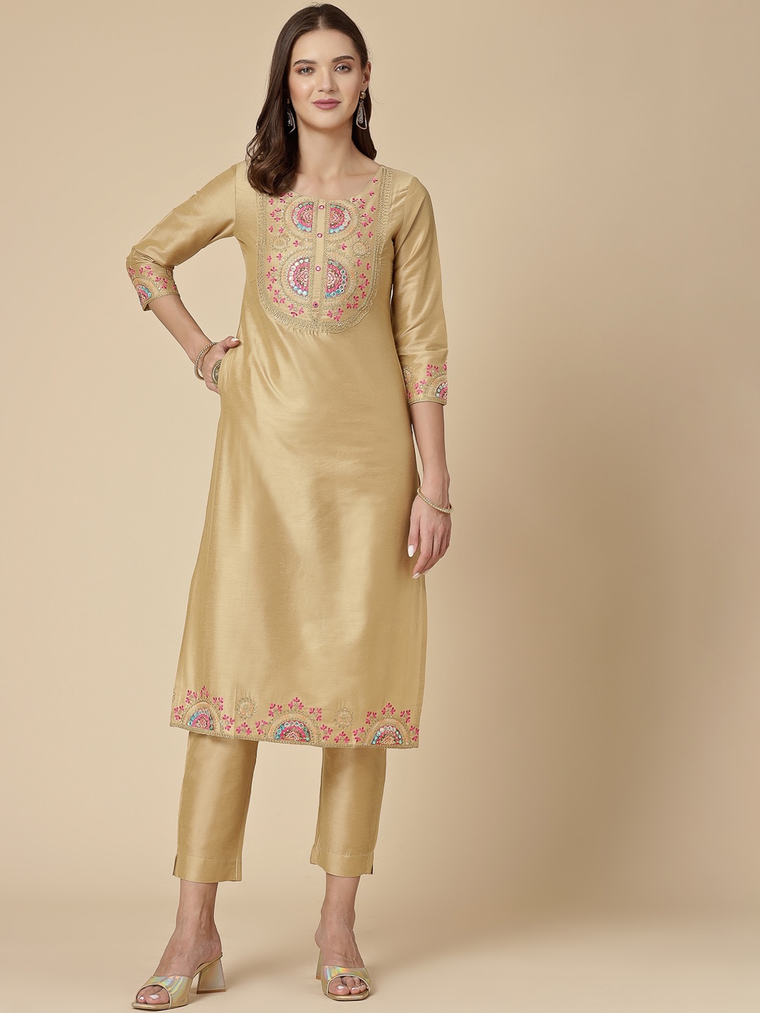 

Sangria Ethnic Motifs Embroidered Straight Kurta & Trousers With Dupatta, Beige