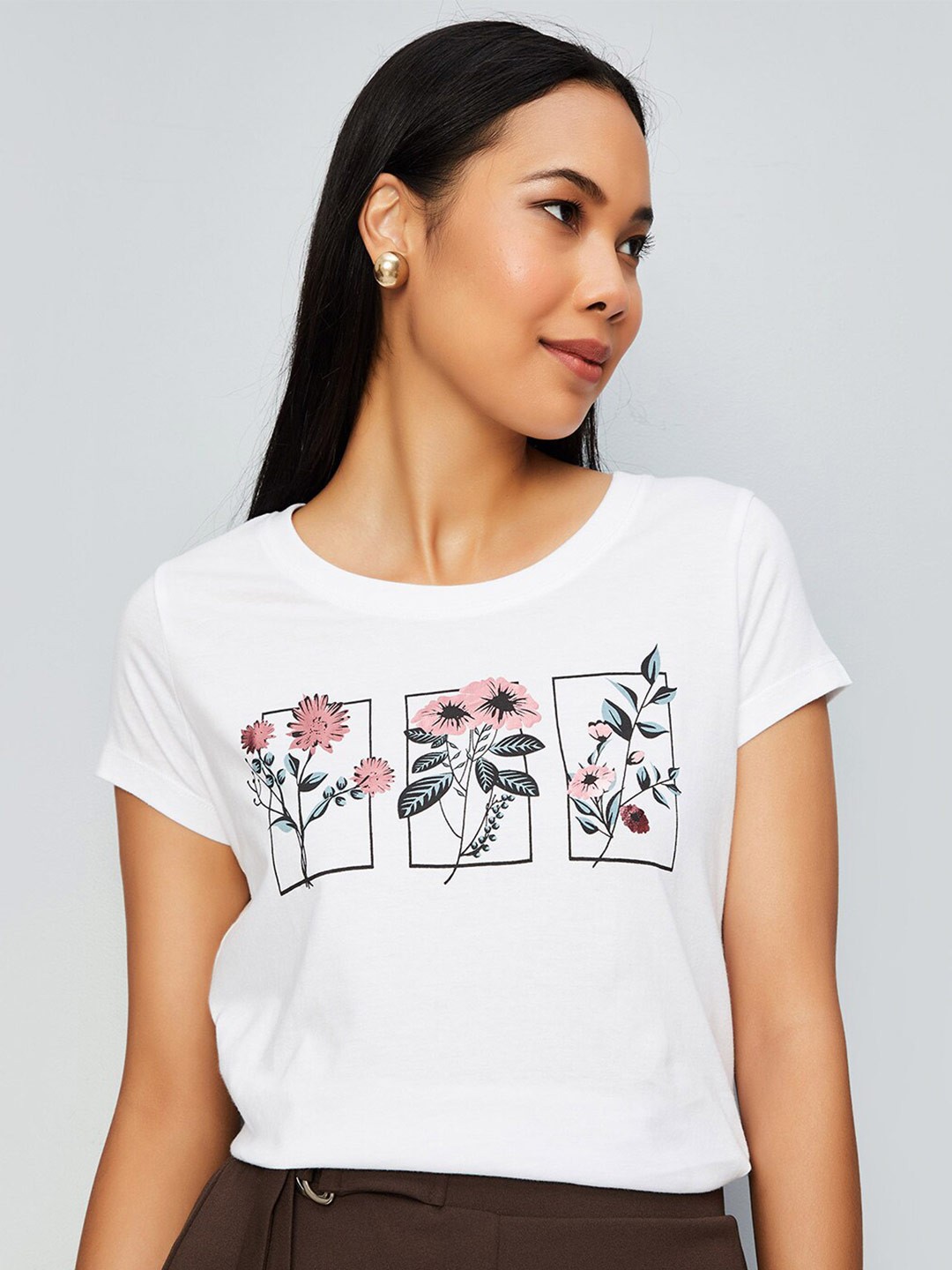 

max Floral Printed Round Neck Cotton Regular T-shirt, White