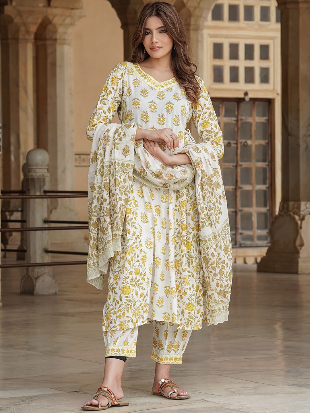 

KALINI Floral Printed Mirror Work A-Line Pure Cotton Kurta with Trousers & Dupatta, White