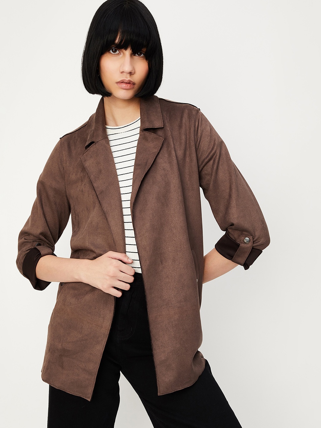 

max Notched Lapel Collar Longline Tailored Jacket, Brown