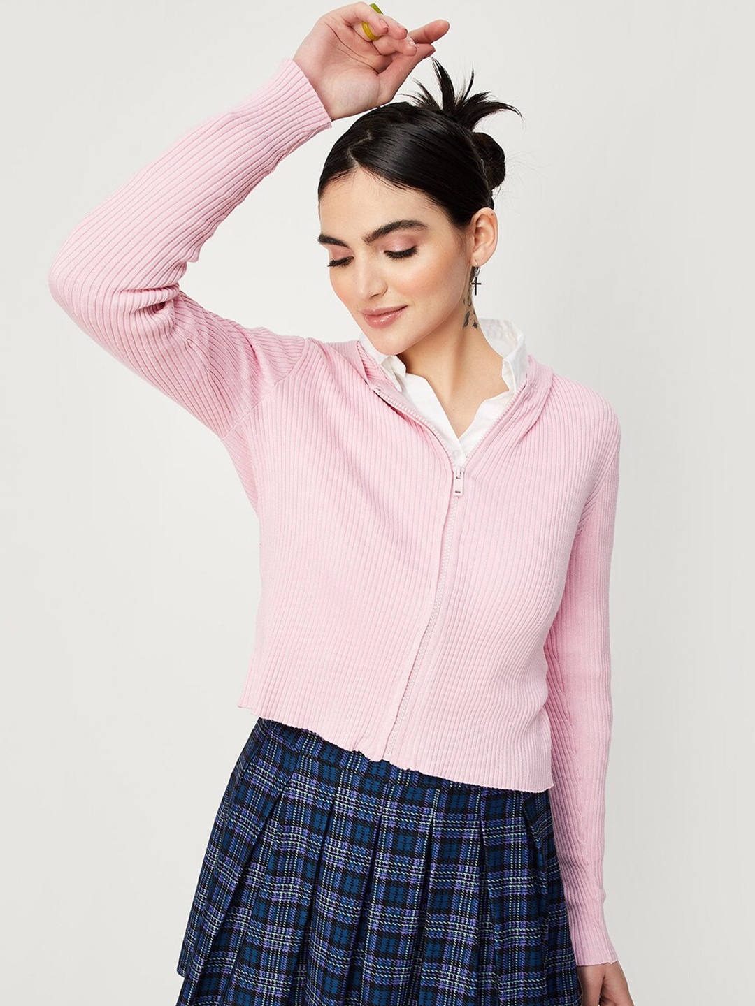 

max Ribbed Hooded Crop Open Front Jacket, Pink