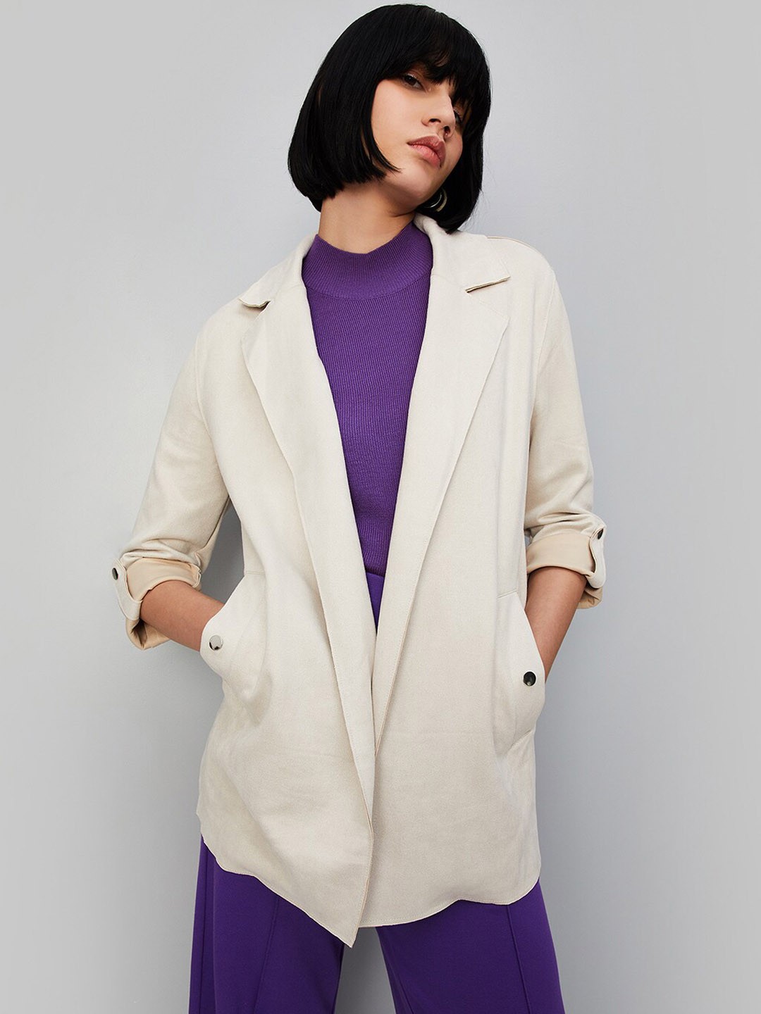 

max Notched Lapel Collar Longline Tailored Jacket, Cream