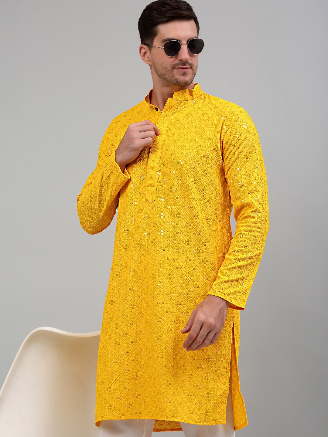 

Jompers Chikankari Embroidered Sequinned Kurta, Yellow