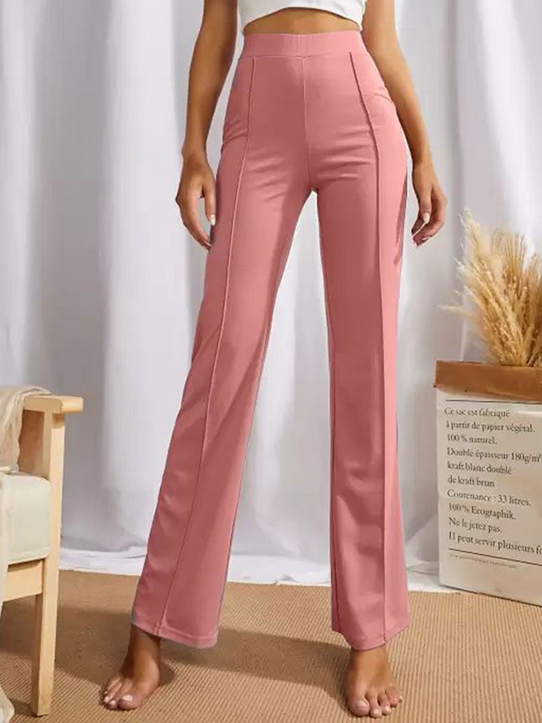 

N N ENTERPRISE Women Original Straight Fit High-Rise Parallel Trousers, Peach