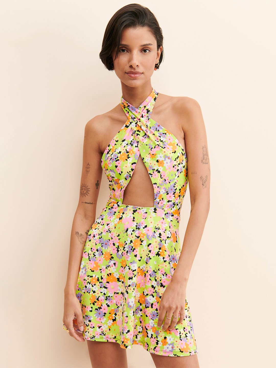 

MAZIE Floral Printed Halter Neck A-line Dress, Fluorescent green