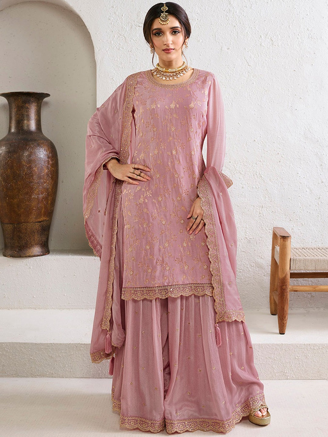 

Seerat Ethnic Motifs Woven Design Jacquard Straight Kurta With Chinon Sharara And Dupatta, Pink