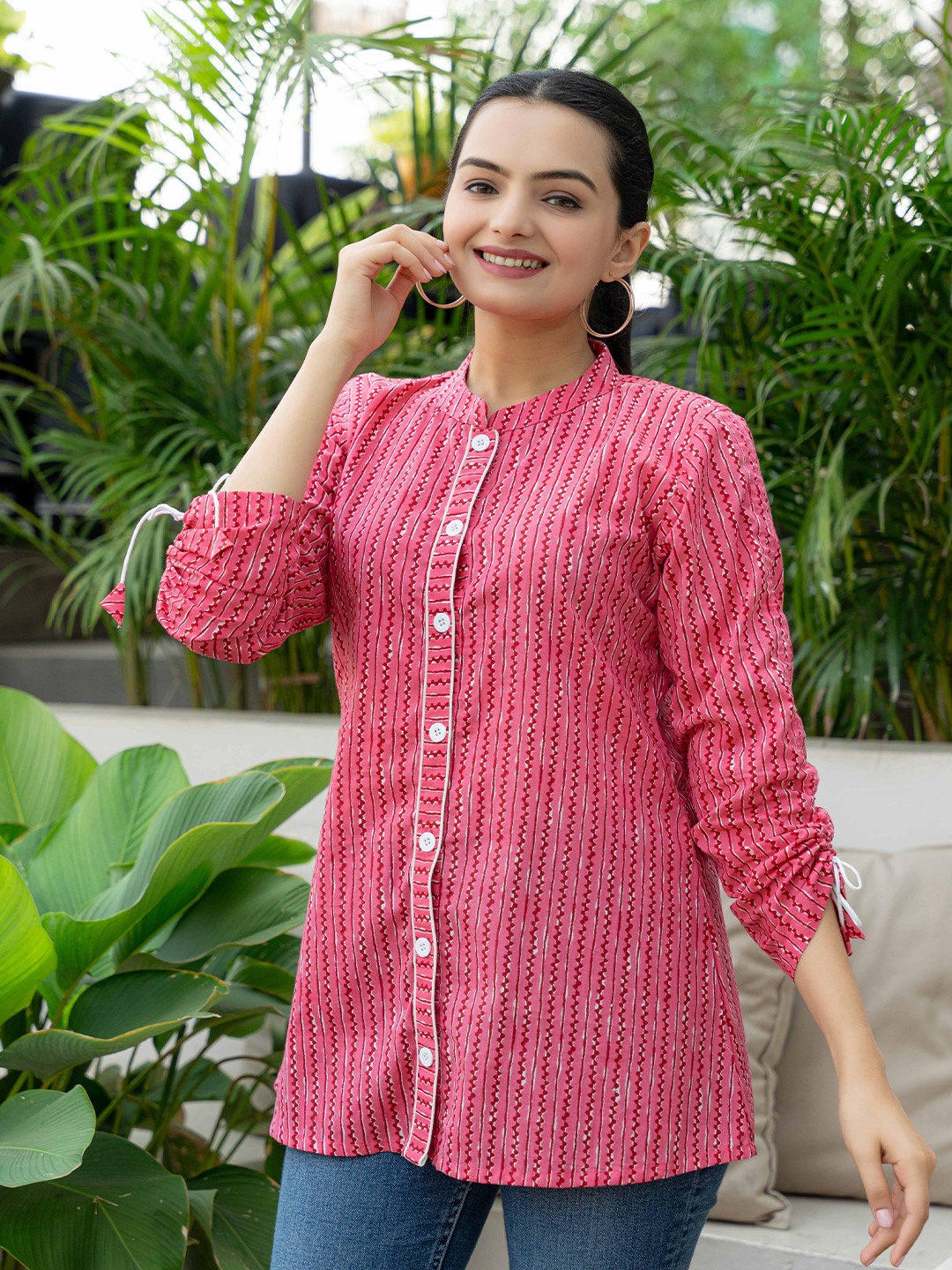 

WEAVLLITE Striped Cotton Mandarin Collar Tunic, Pink