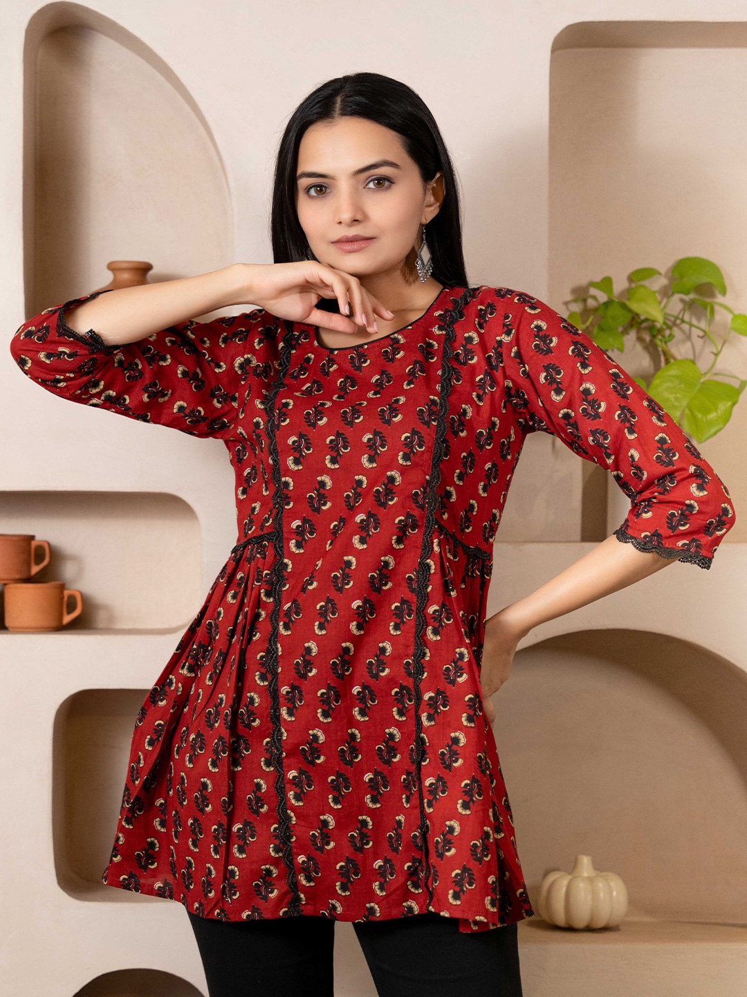 

WEAVLLITE Floral Printed Cotton Tunic, Maroon