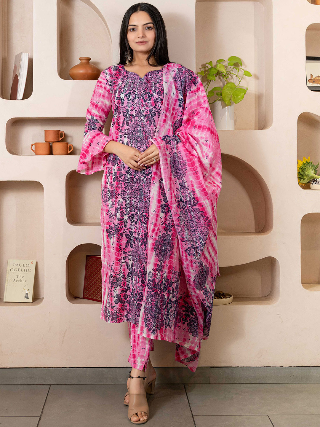 

WEAVLLITE Floral Printed Pure Cotton Kurta With Trousers & Dupatta, Pink