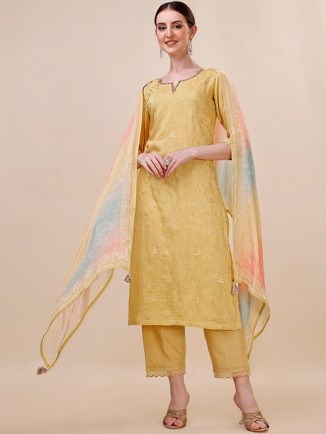 

Seerat Ethnic Motifs Embroidery Silk Straight Kurta With Trousers And Printed Dupatta, Yellow