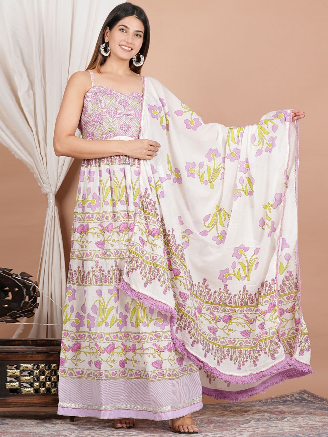 

YASH GALLERY Floral Printed Mirror Work Cotton Anarkali Kurta With Dupatta, White