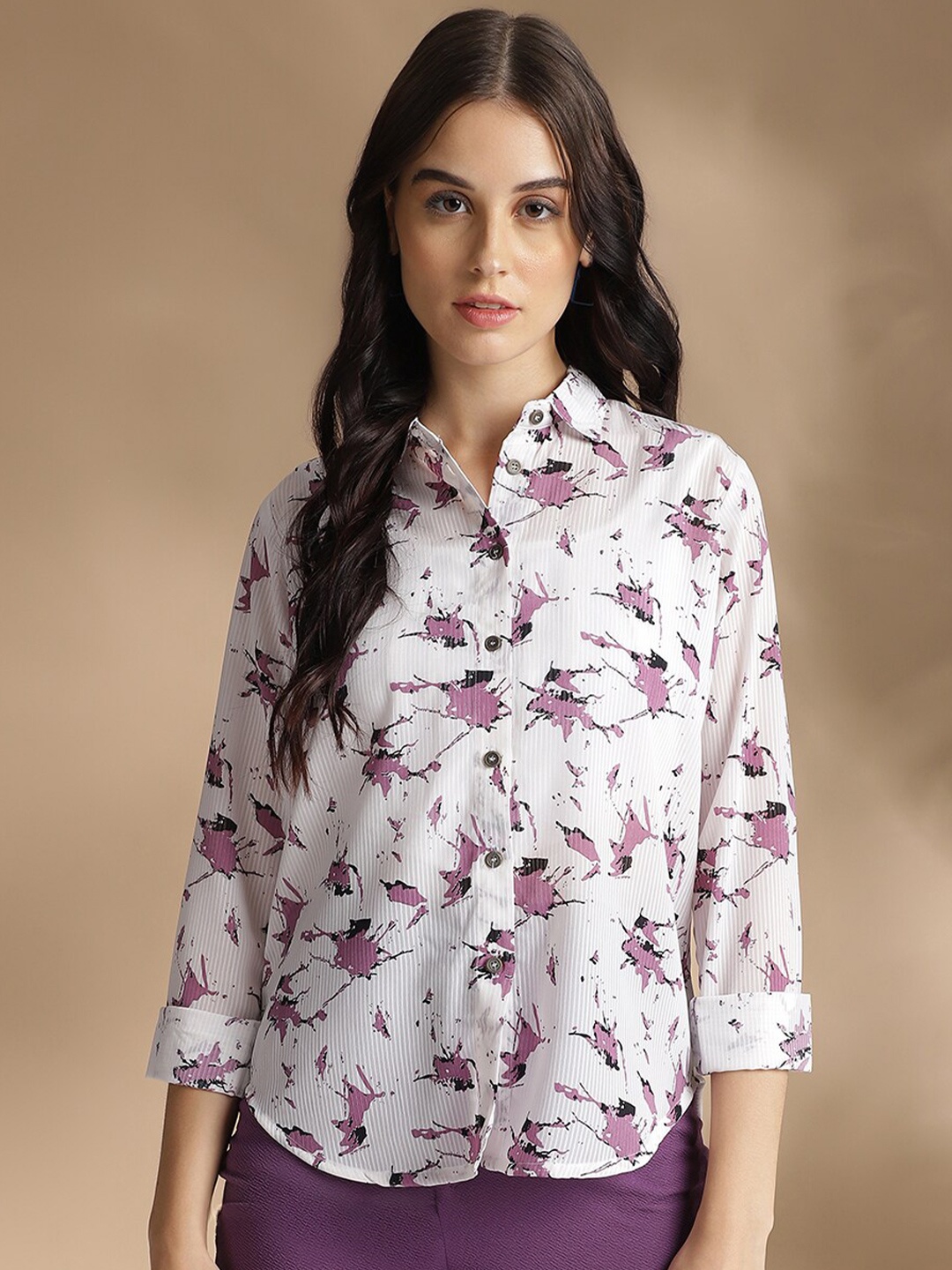 

J Turritopsis Classic Abstract Printed Spread Collar Georgette Casual Shirt, White
