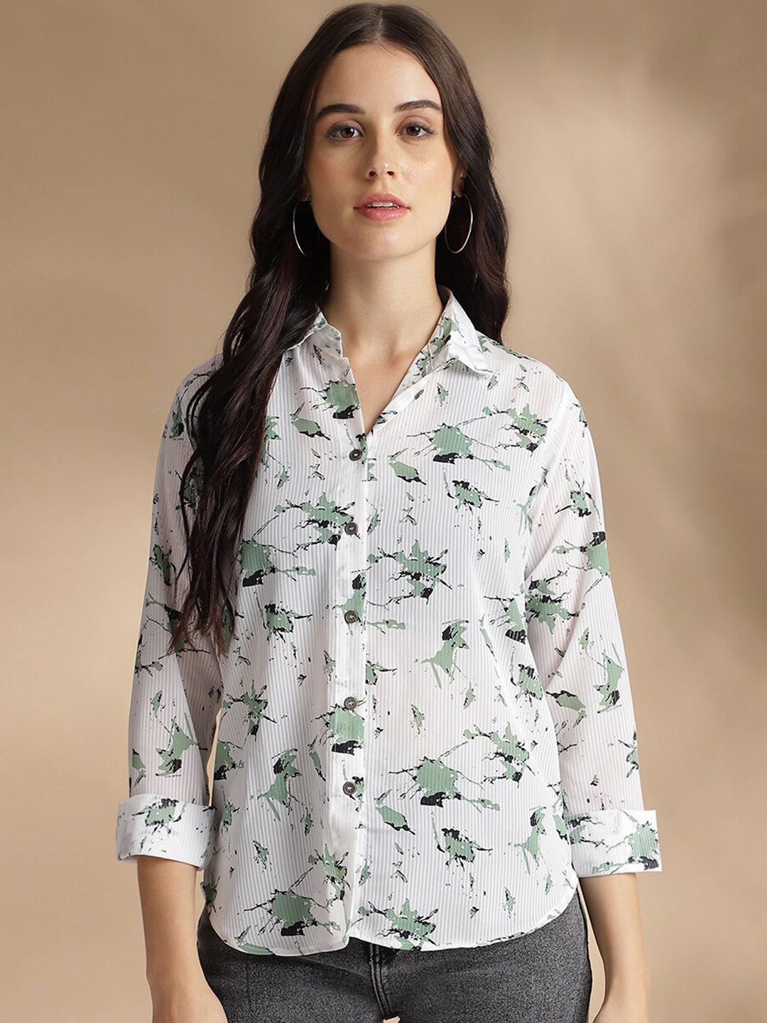 

J Turritopsis Classic Abstract Printed Georgette Casual Shirt, White