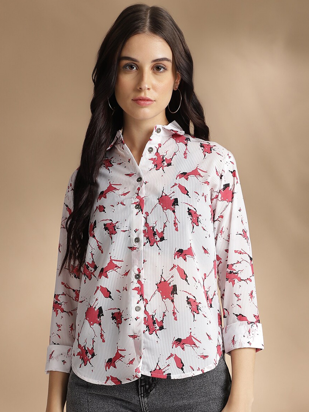 

J Turritopsis Classic Abstract Printed Georgette Casual Shirt, White