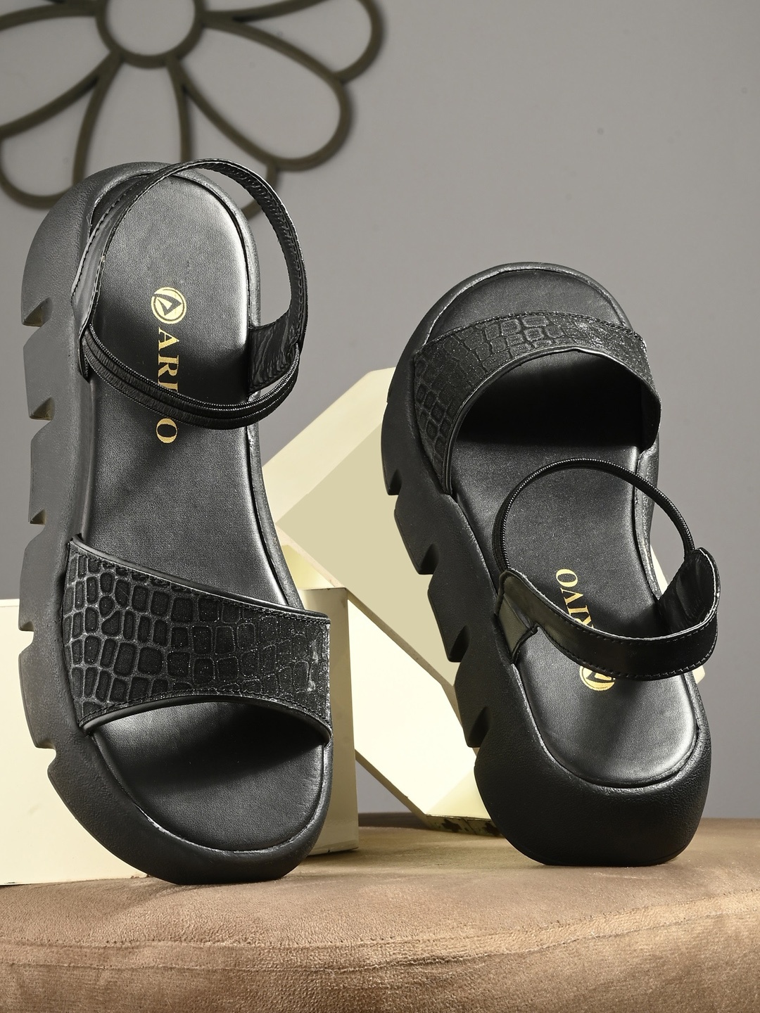 

ARIVO Textured Platform Heels With Backstrap, Black