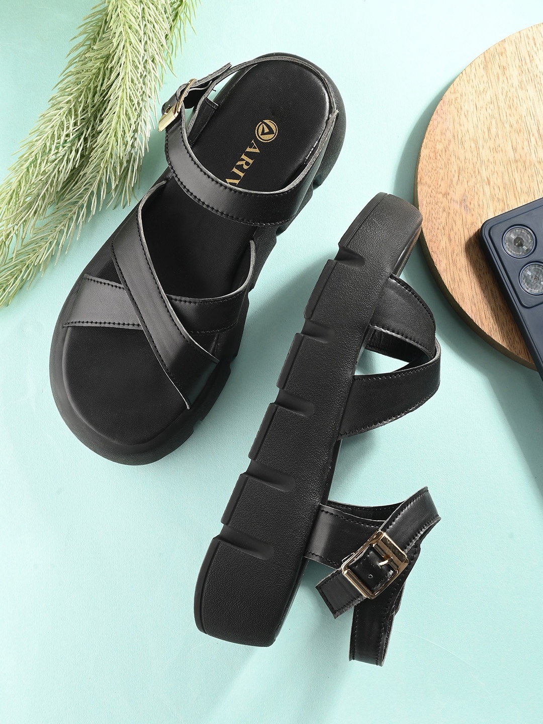 

ARIVO Flatform Heels With Backstrap, Black