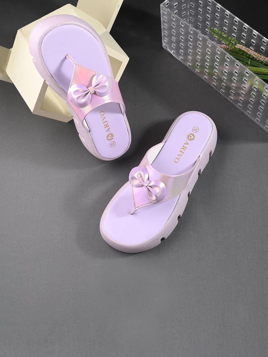 

ARIVO Open Toe Flatform Heels With Bows, Purple