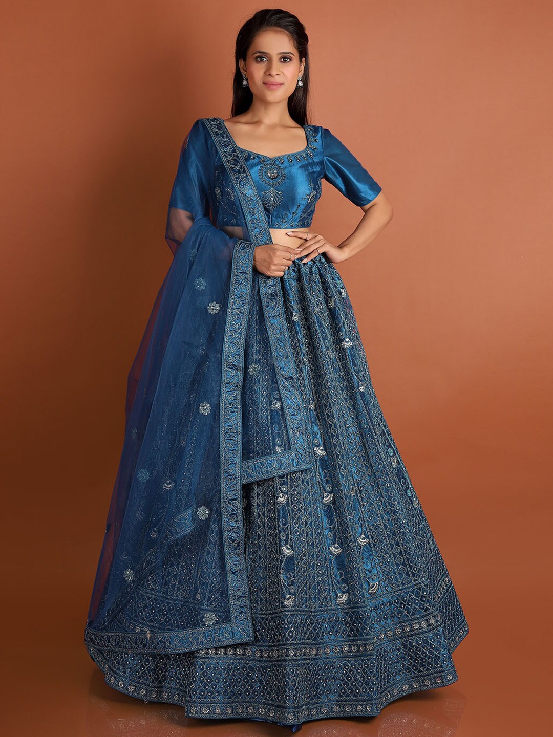 

HALFSAREE STUDIO Embroidered Semi-Stitched Lehenga & Unstitched Blouse With Dupatta, Teal