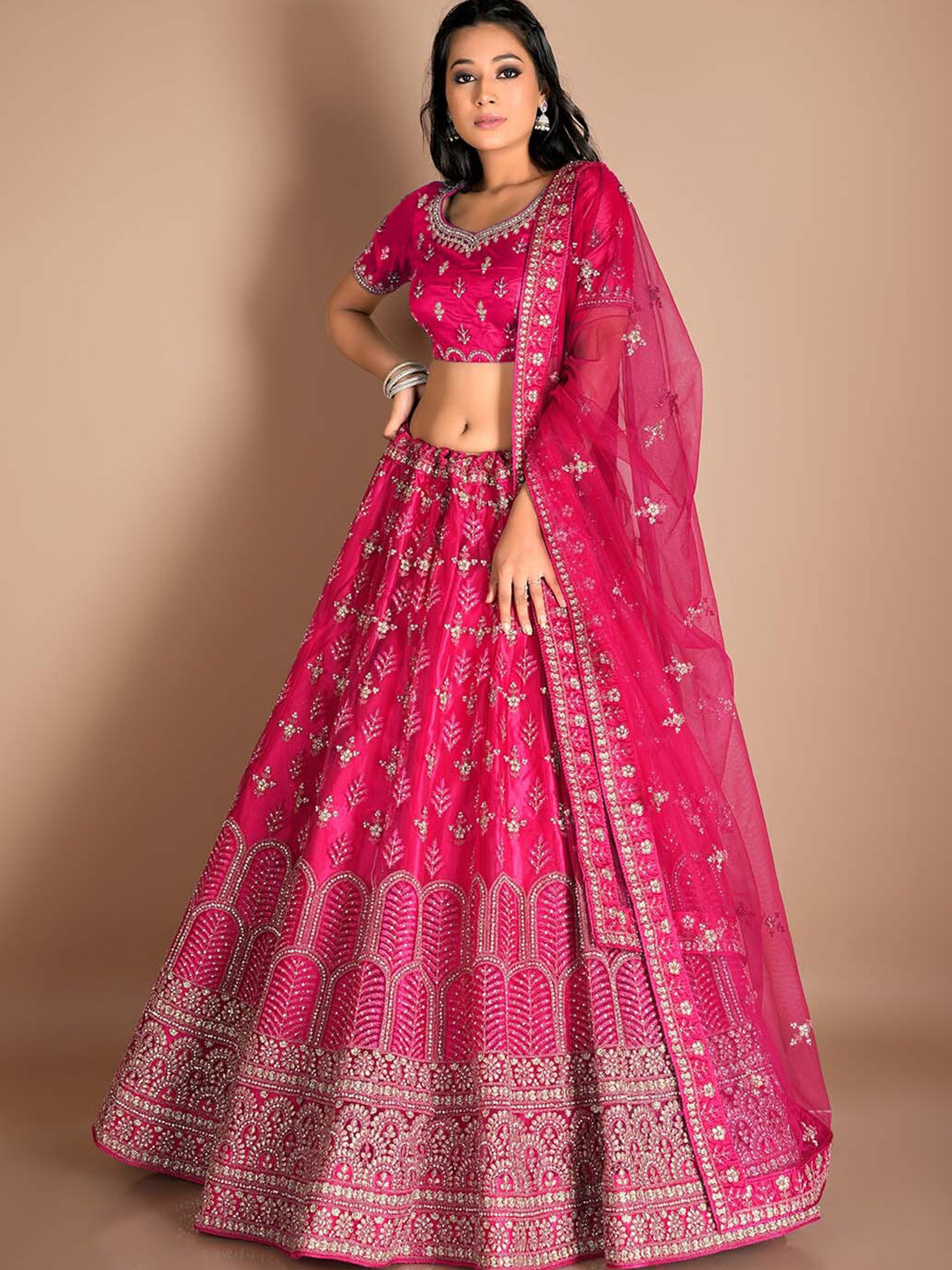 

HALFSAREE STUDIO Embroidered Semi-Stitched Lehenga & Unstitched Blouse With Dupatta, Pink