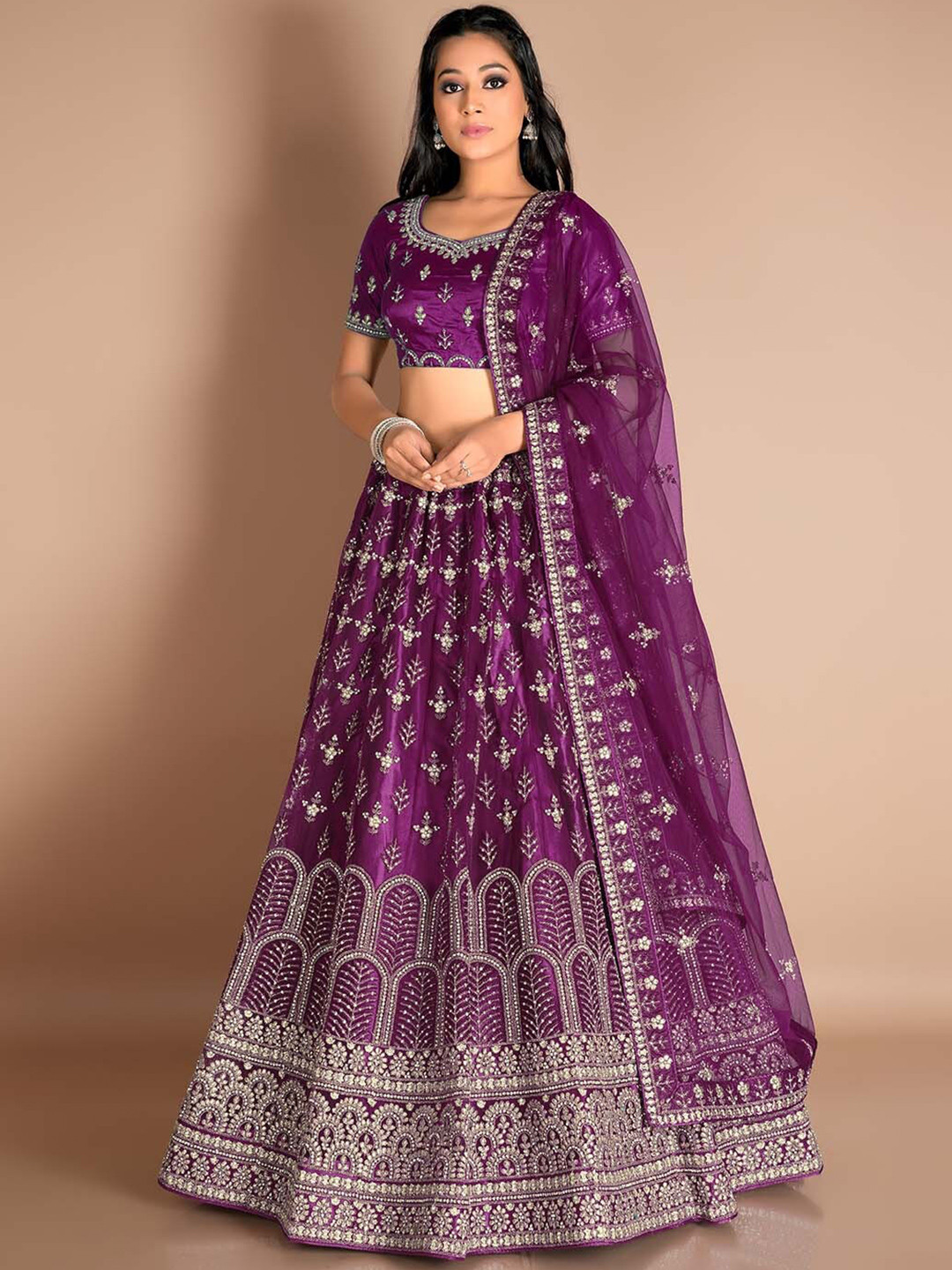 

HALFSAREE STUDIO Embroidered Semi-Stitched Lehenga & Unstitched Blouse With Dupatta, Burgundy