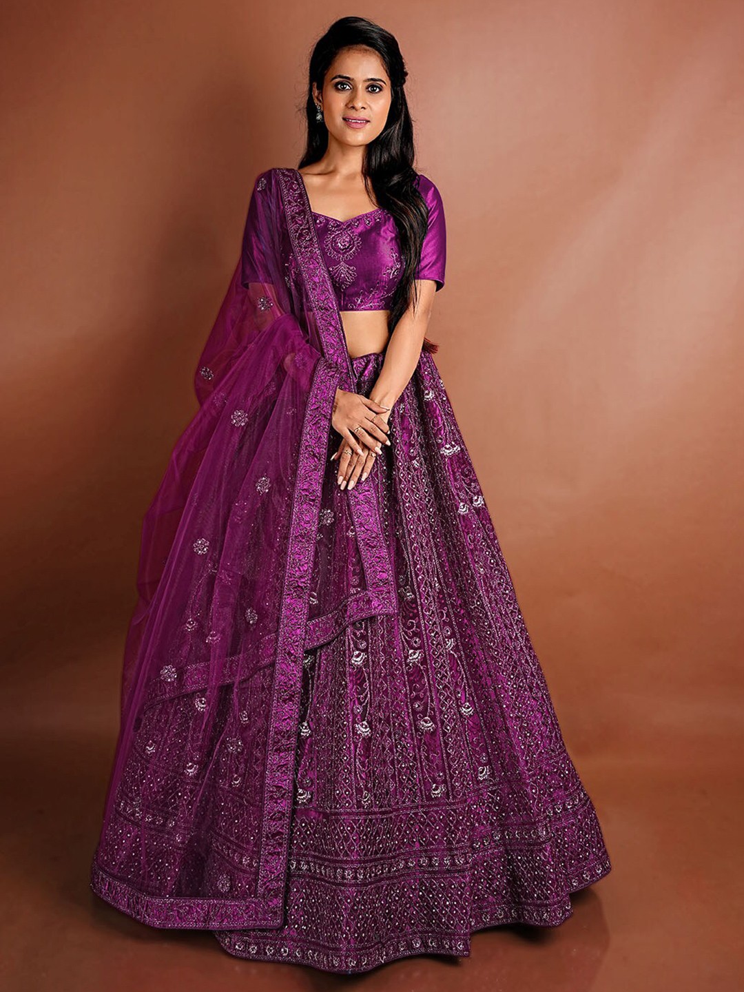 

HALFSAREE STUDIO Embroidered Semi-Stitched Lehenga & Unstitched Blouse With Dupatta, Purple