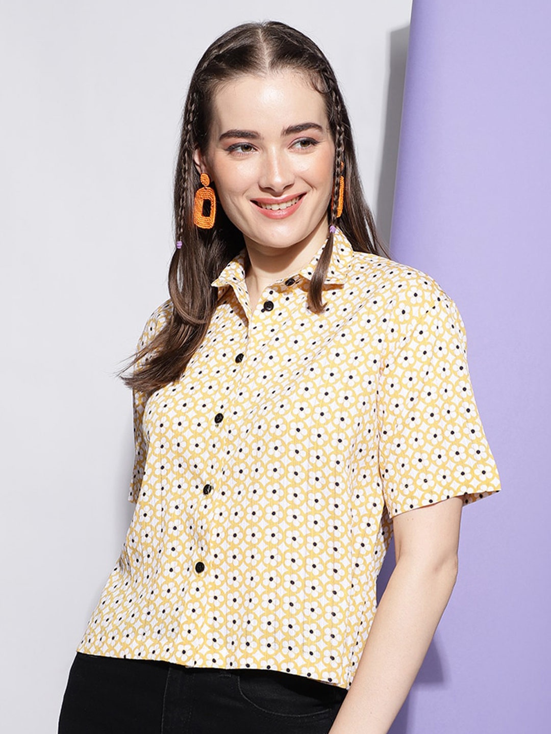 

J Turritopsis Classic Floral Printed Spread Collar Georgette Casual Shirt, Mustard