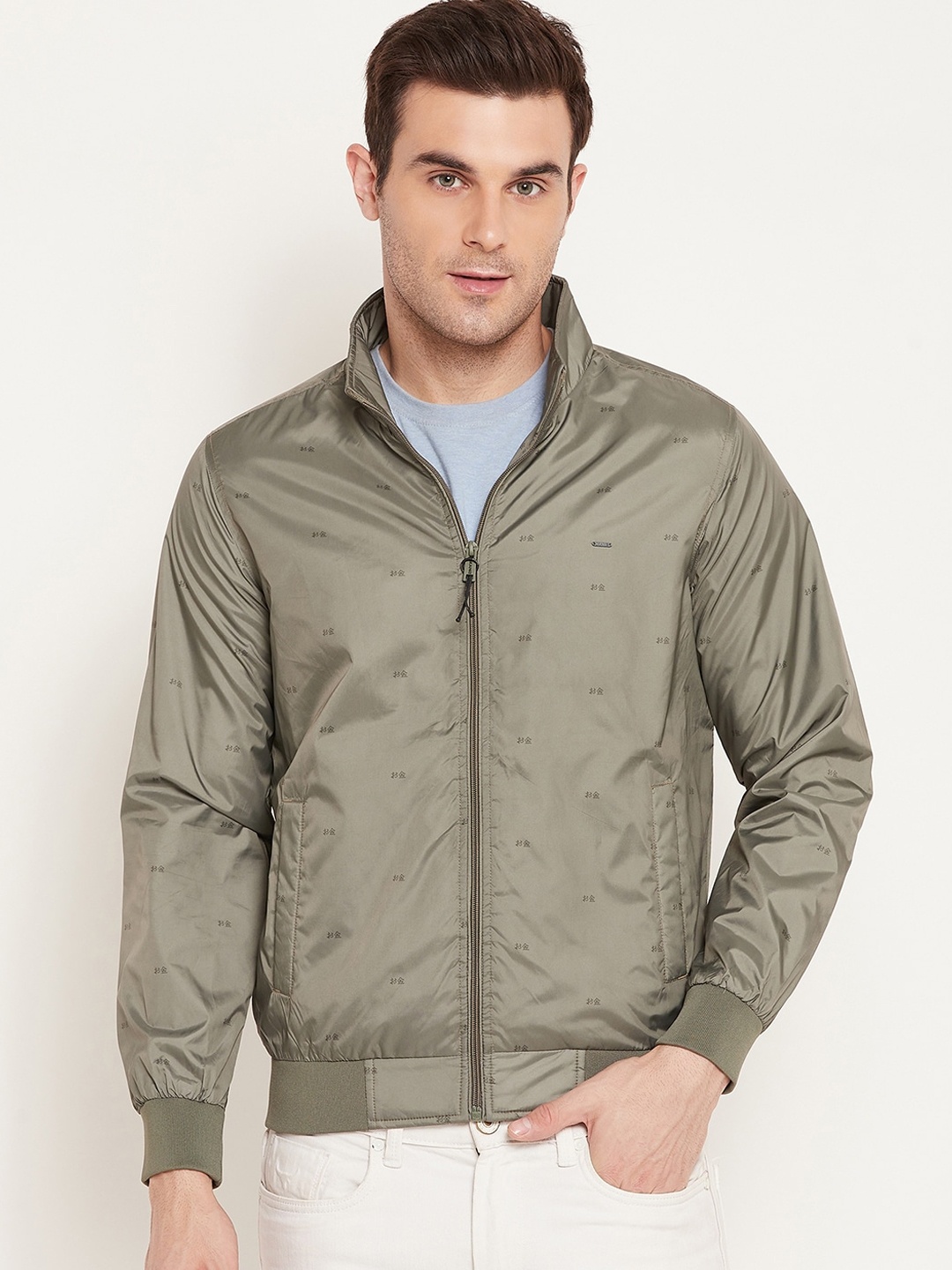 

Okane Conversational Printed Mock Collar Lightweight Bomber Jacket, Olive
