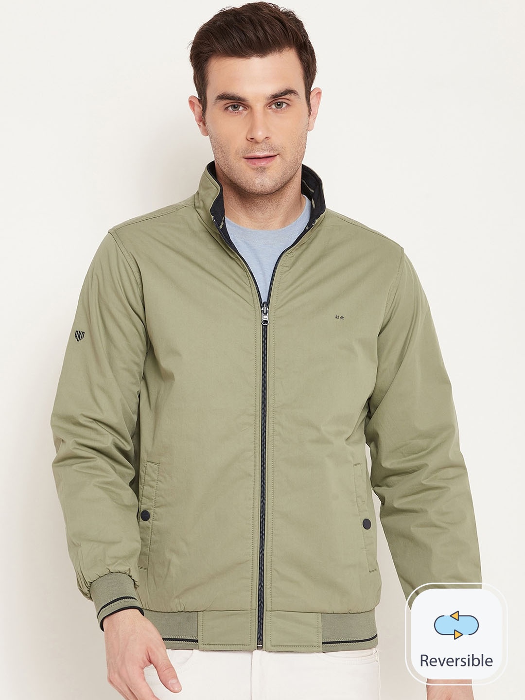 

Okane Mock Collar Long Sleeves Reversible Bomber Jacket, Olive