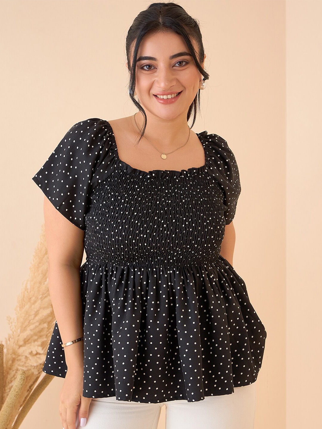 

CURVE BY KASSUALLY Black Polka Dot Printed Smocked Peplum Top