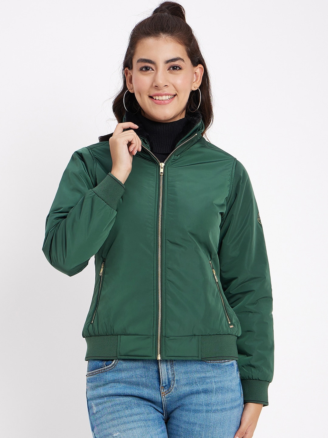 

Okane Mock Collar Long Sleeves Lightweight Bomber Jacket, Green