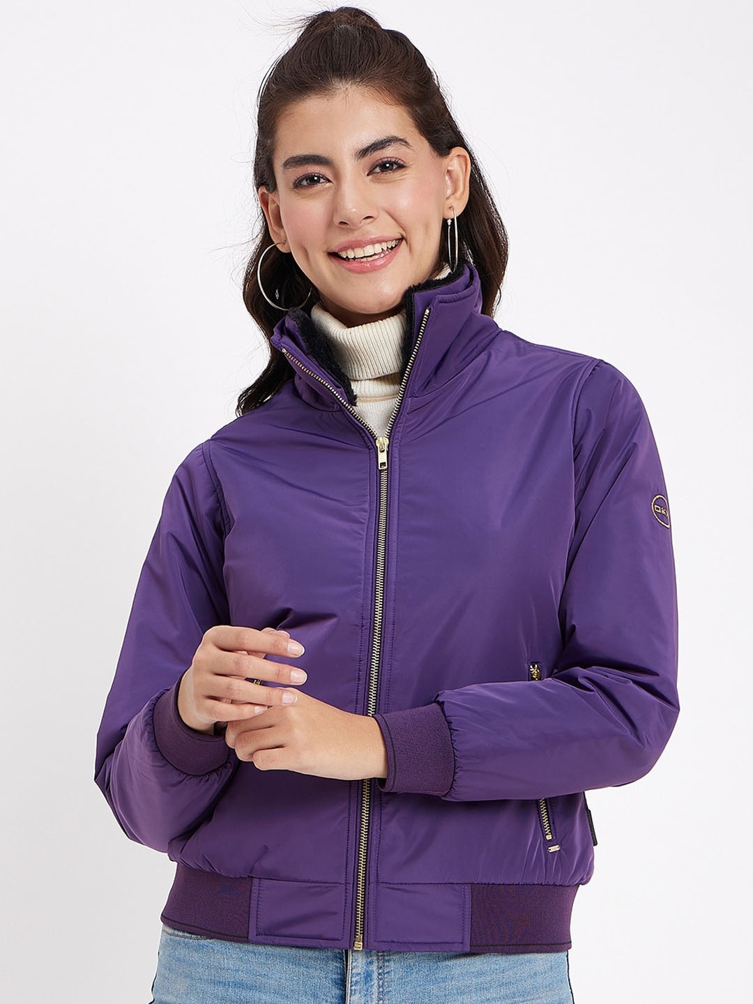 

Okane Mock Collar Long Sleeves Lightweight Bomber Jacket, Violet