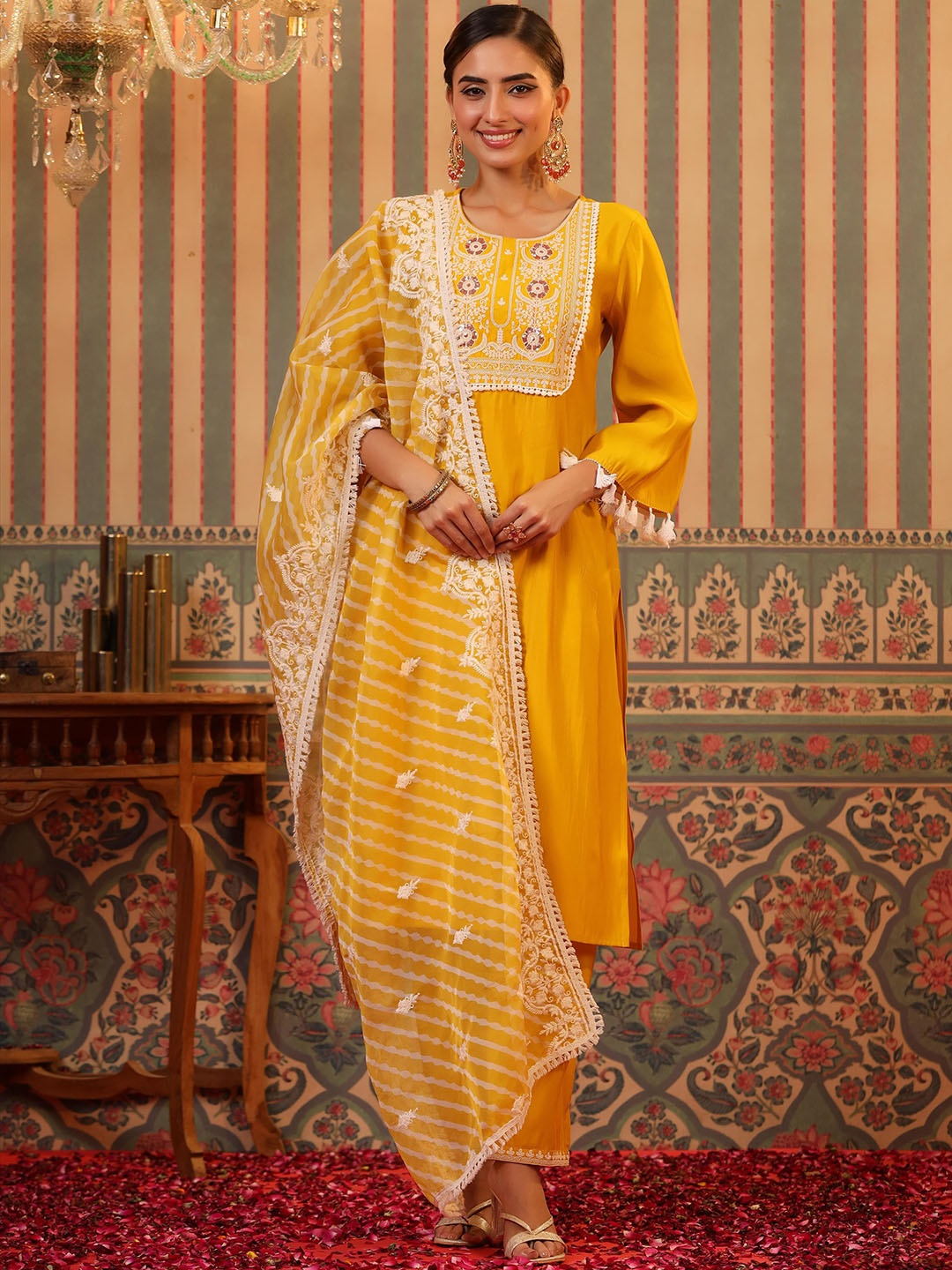 

SCAKHI Floral Yoke Design Thread Work Straight Kurta with Trousers & Dupatta, Mustard