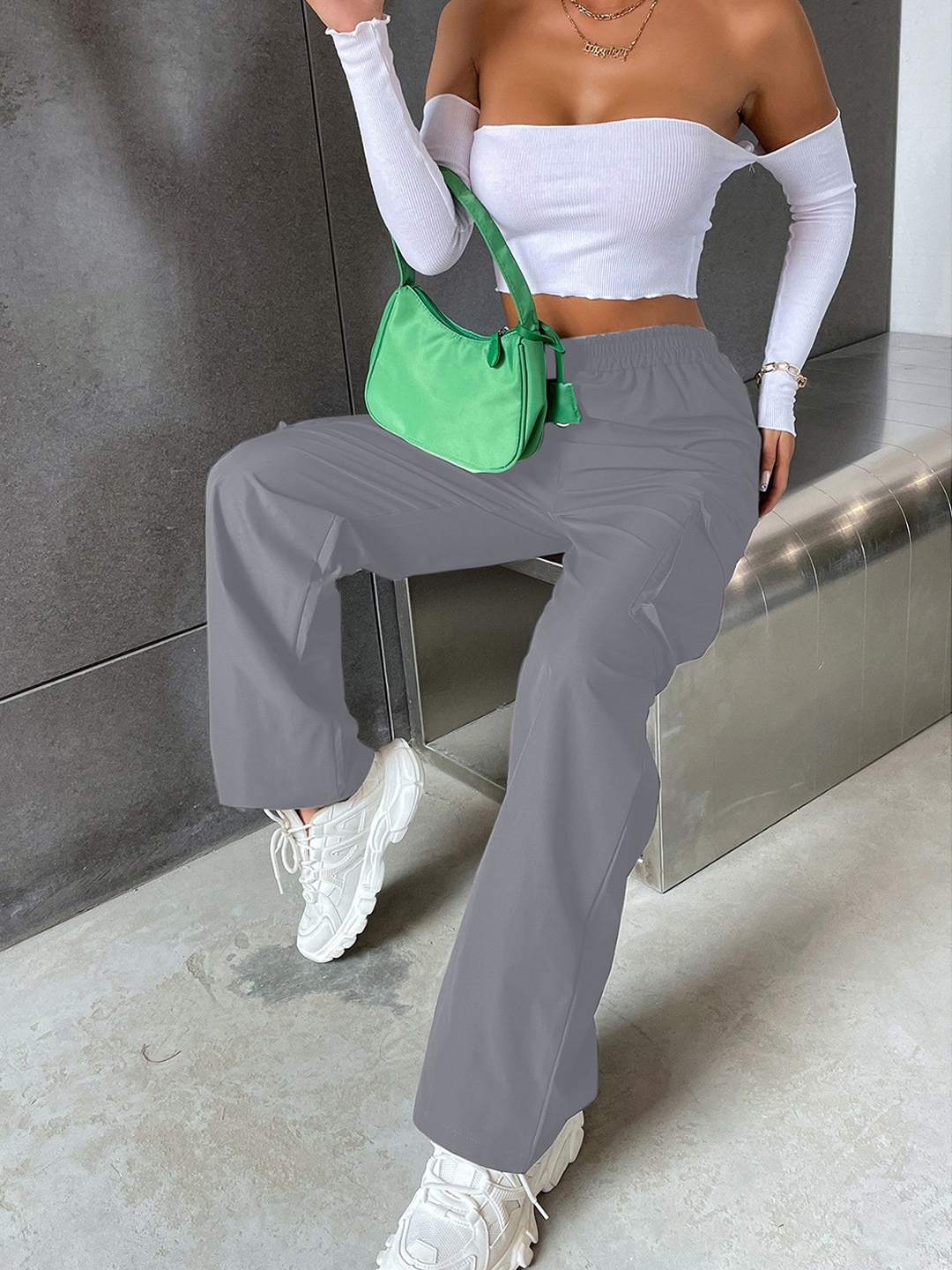 

AAHWAN Women Loose Fit High-Rise Plain Cotton Regular Trousers, Grey