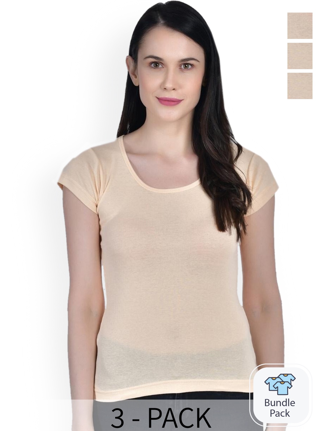 

Aimly Pack Of 3 Round Neck Cap Sleeves Cotton Fitted Tops, Beige