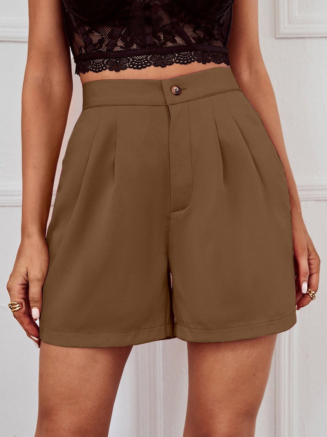 

AAHWAN Women Loose Fit High-Rise Shorts, Brown