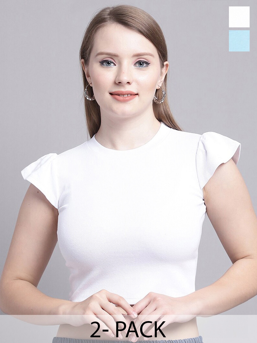 

GRACIT Pack Of 2 Flutter Sleeve Crop Tops, White