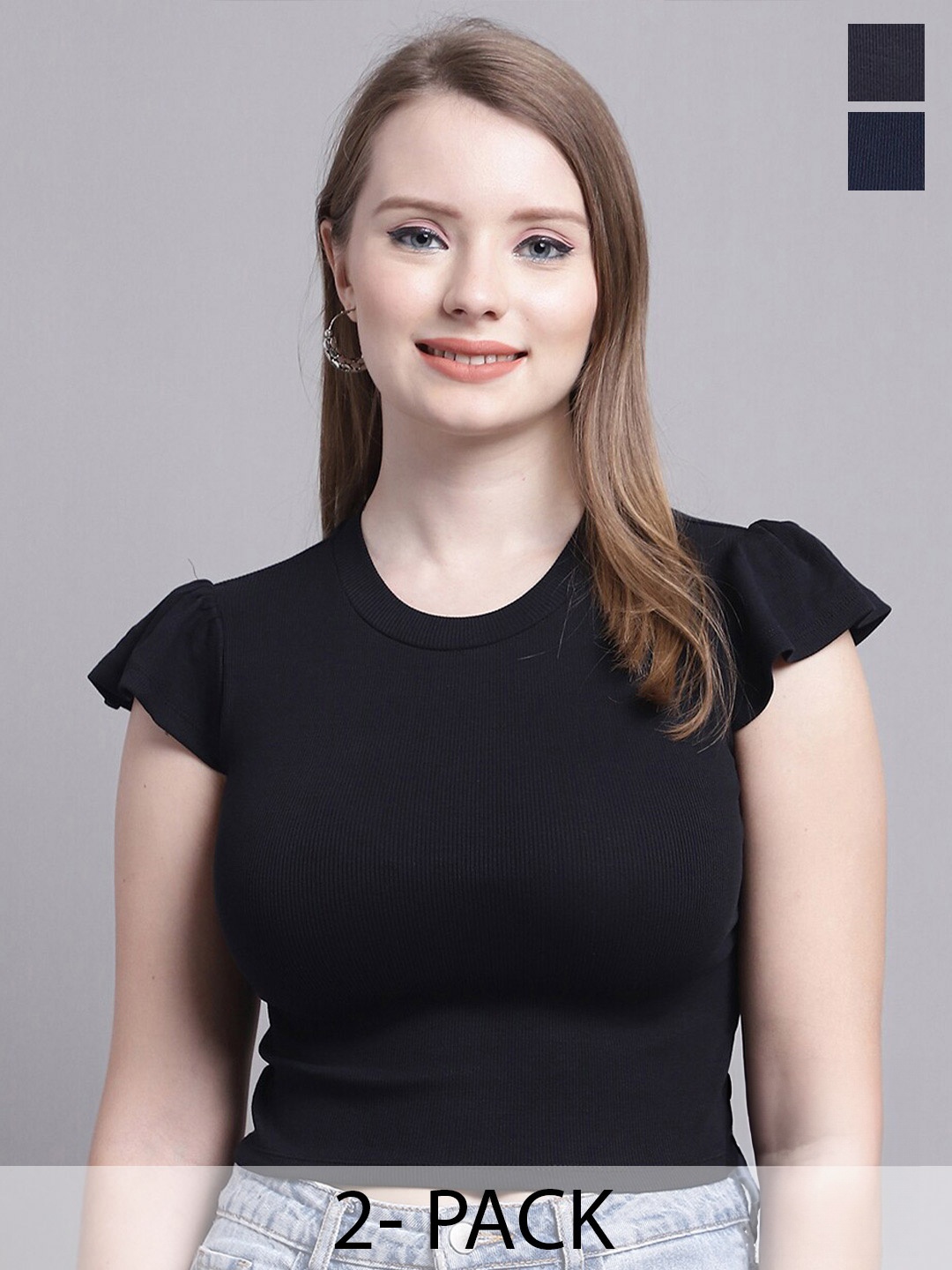 

GRACIT Pack Of 2 Flutter Sleeves Crop Top, Black