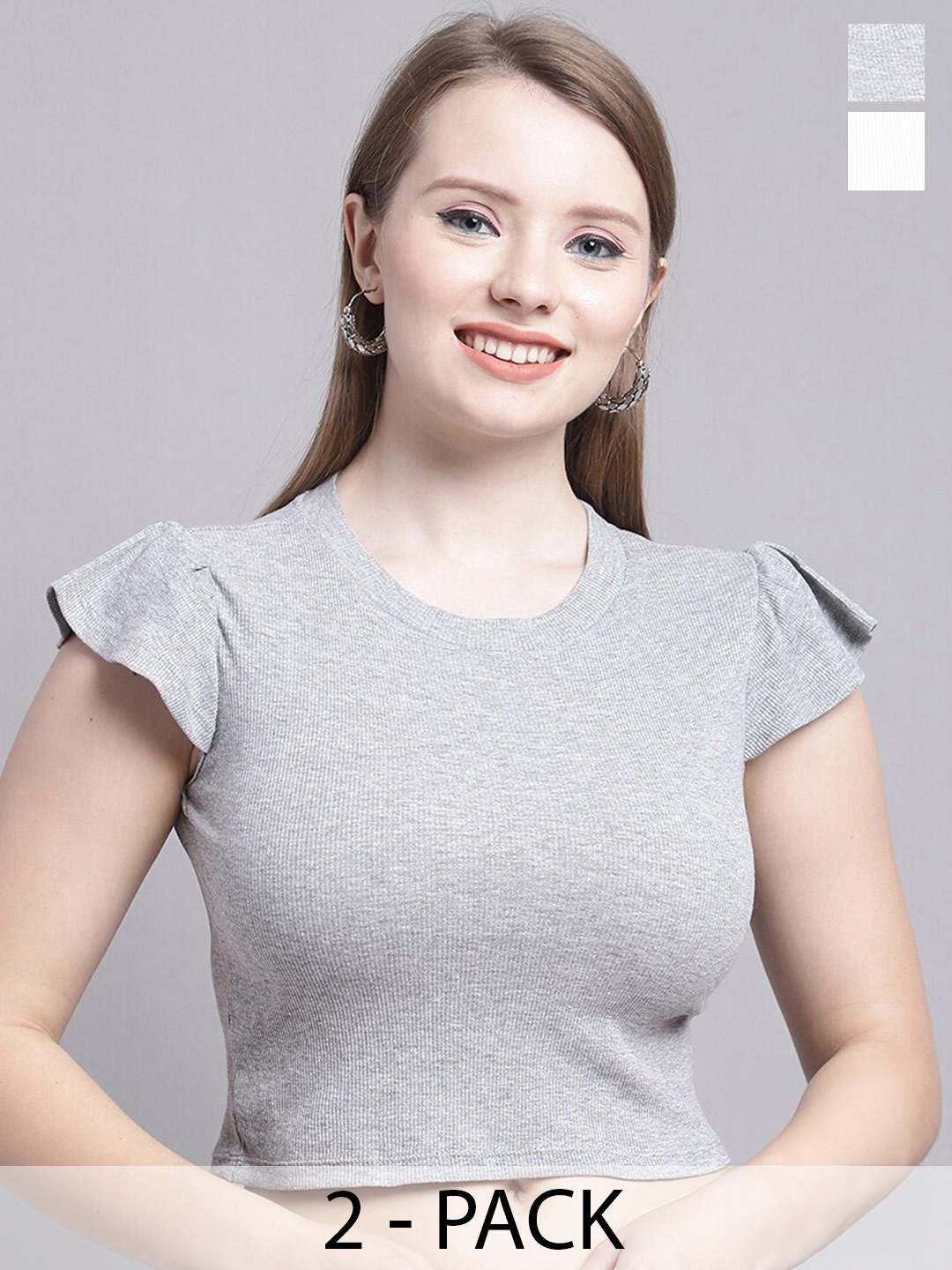 

GRACIT Pack Of 2 Flutter Sleeves Fitted Crop Top, Grey