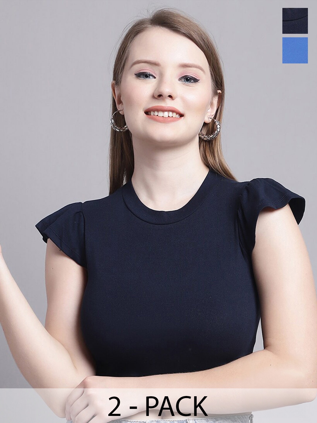 

GRACIT Pack Of 2 Flutter Sleeves Fitted Crop Top, Navy blue