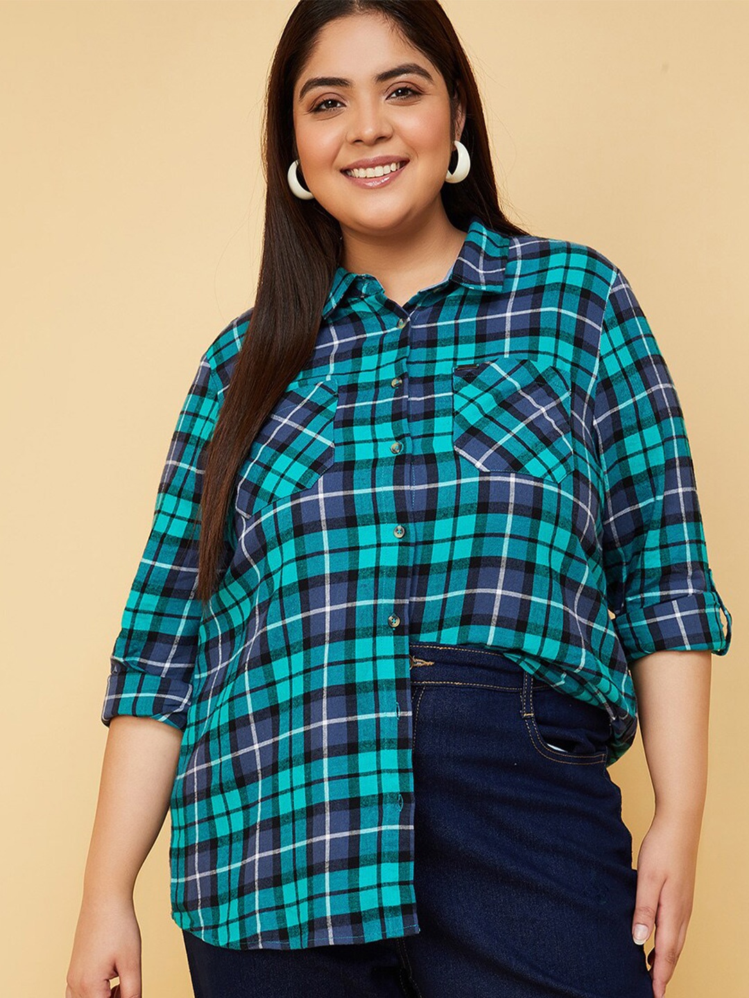 

max Plus Size Tartan Checked Casual Shirt, Green