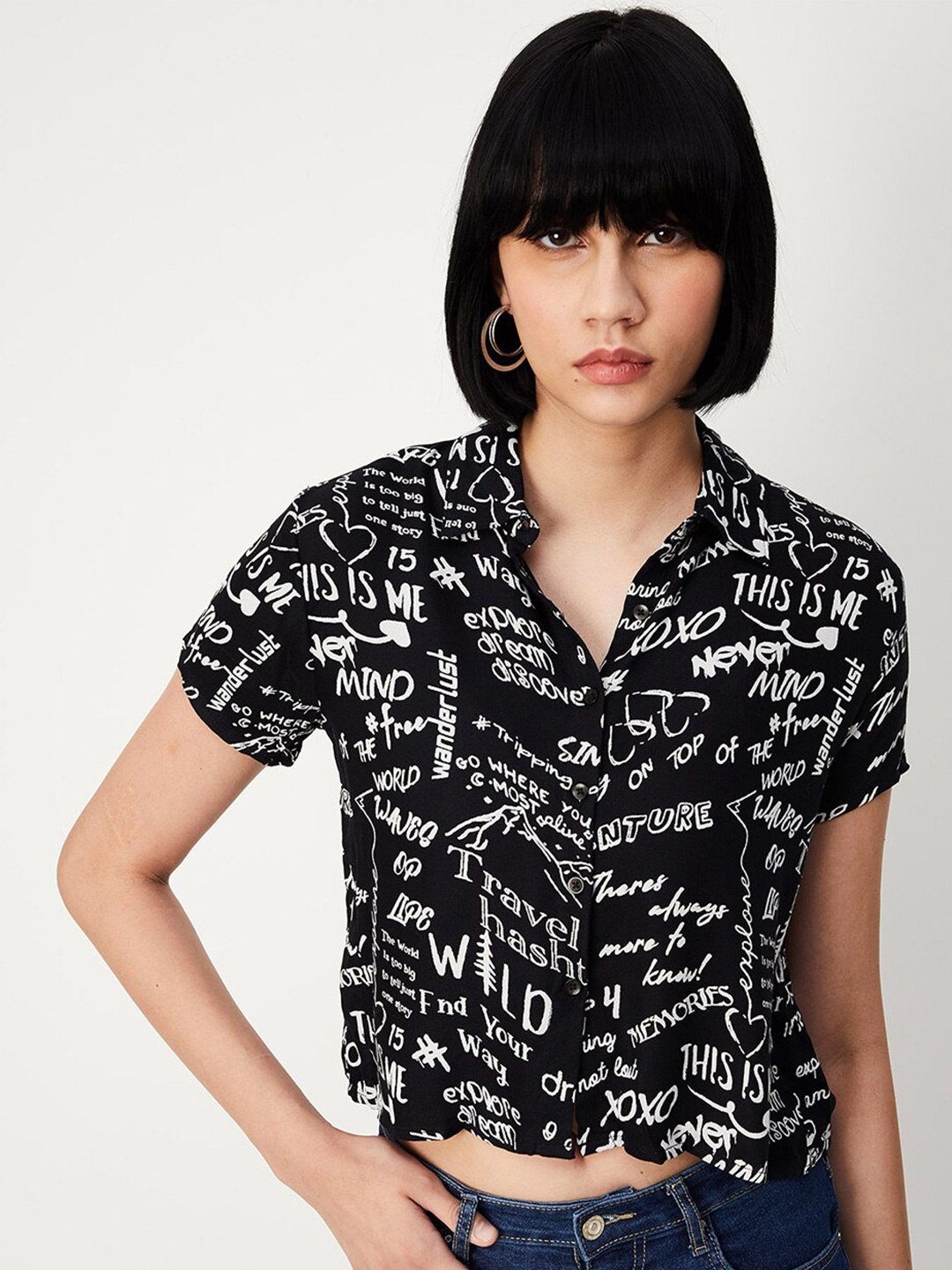 

max Typography Printed Crop Casual Shirt, Black