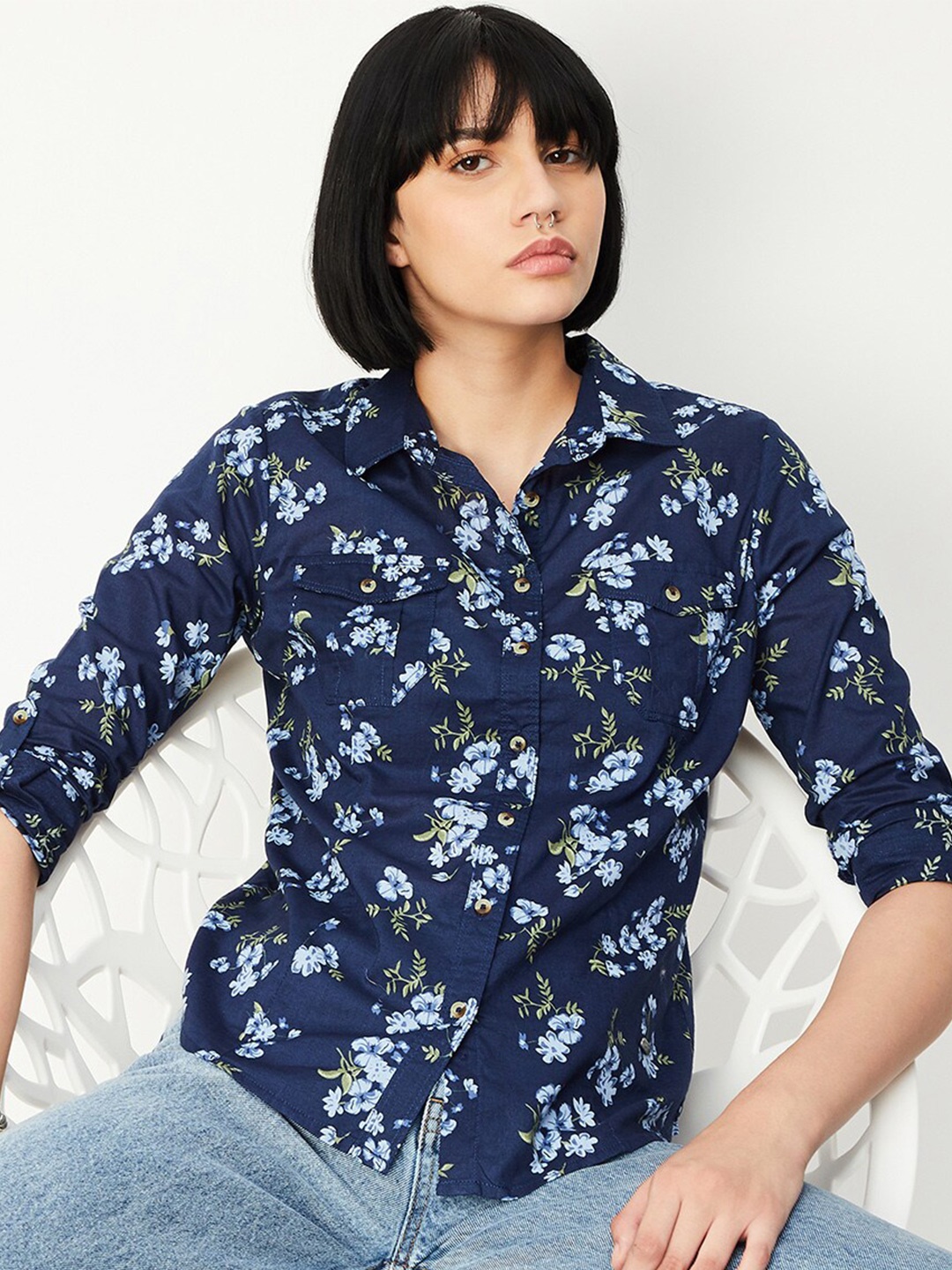 

max Floral Printed Pure Cotton Casual Shirt, Navy blue