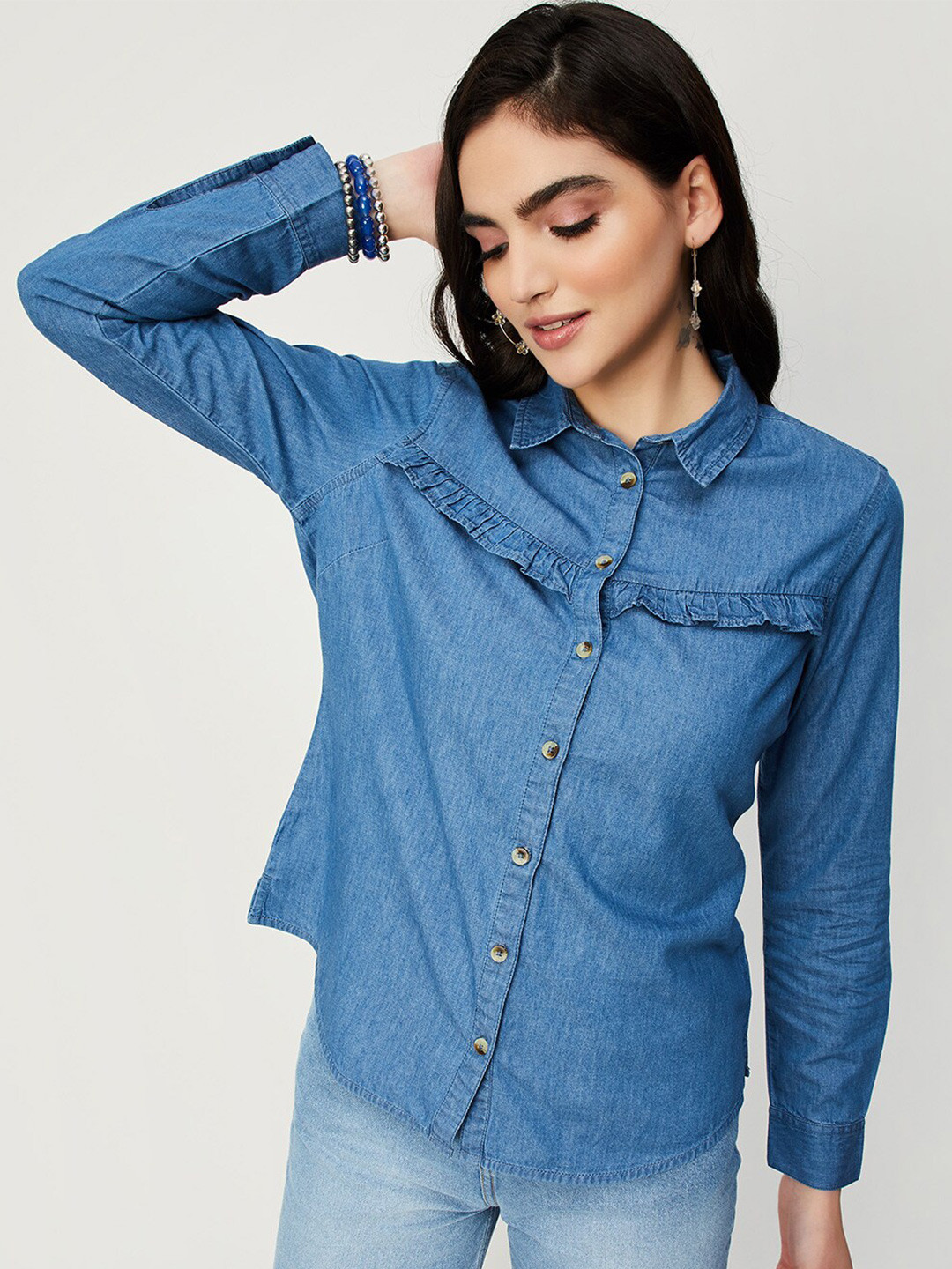 

max Spread Collar Long Sleeves Ruffles Cotton Casual Shirt, Blue