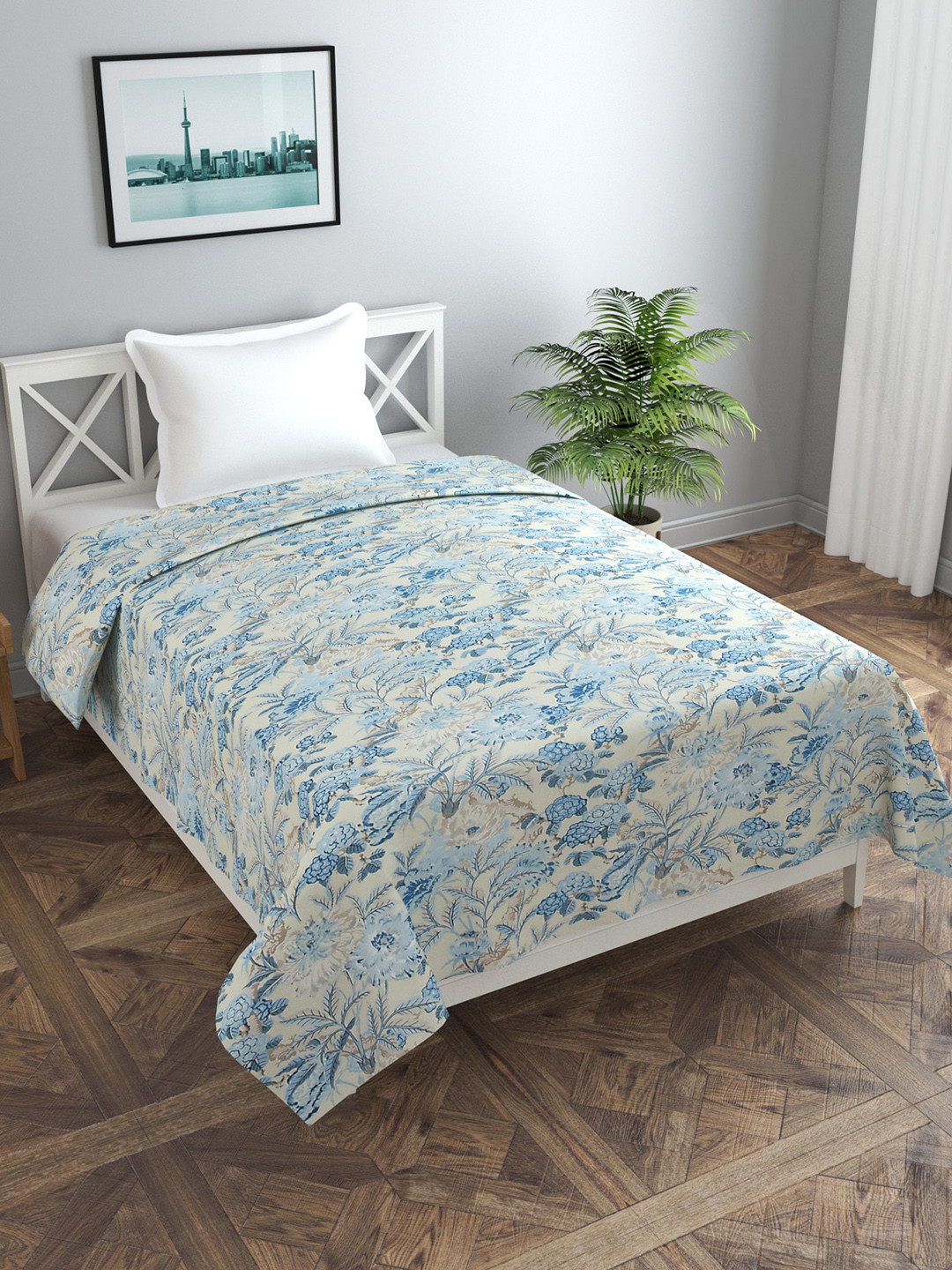 

MORADO Cream Colored & Blue Printed Skin-Friendly Single Duvet Cover