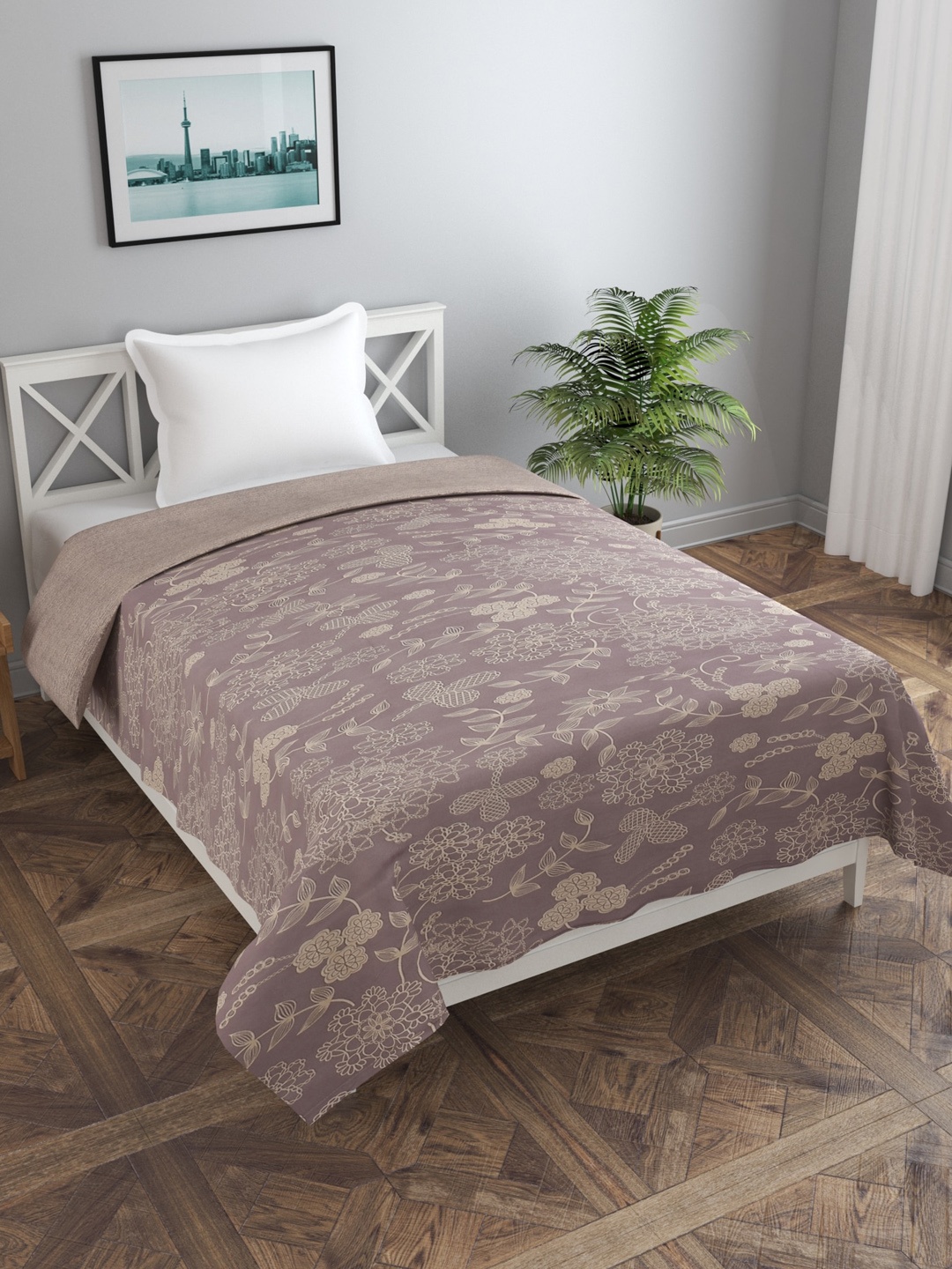 

MORADO Mauve & Brown Printed Reversable Single Duvet Cover