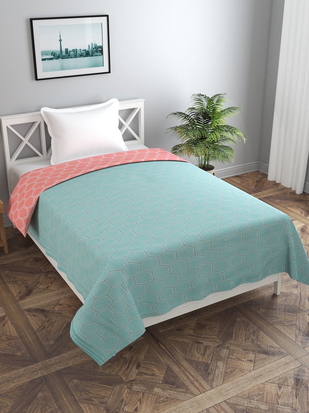 

MORADO Green & Peach Colored Printed Reversable Single Duvet Cover