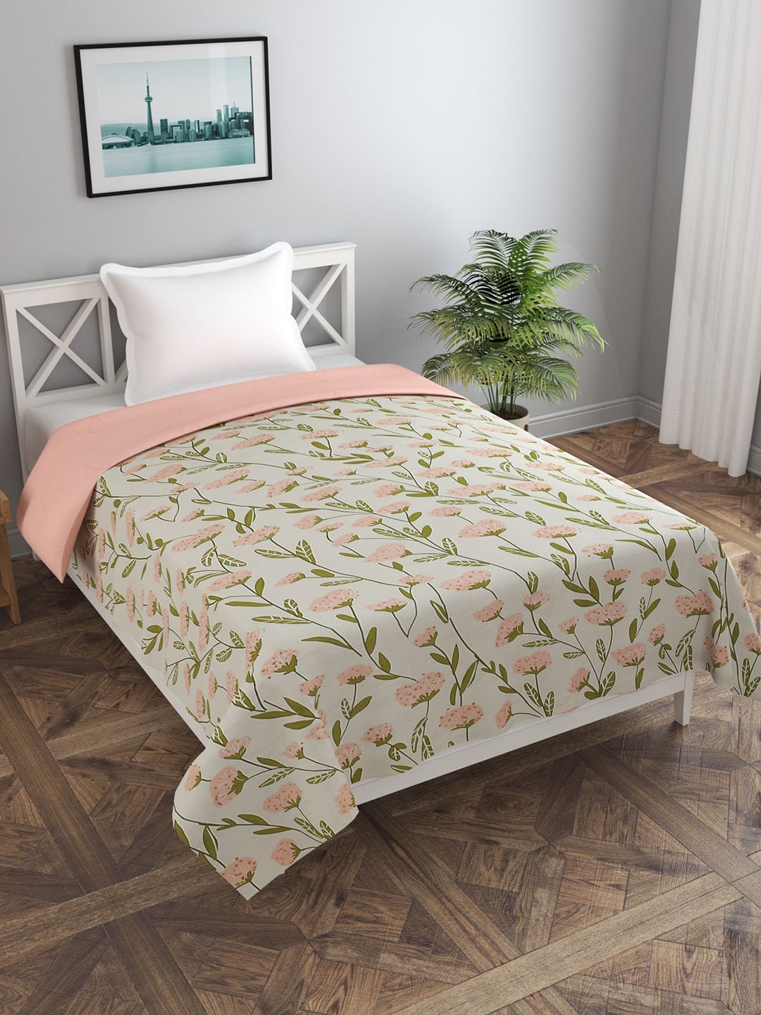 

MORADO Peach Colored & Beige Printed Reversible Single Duvet Cover
